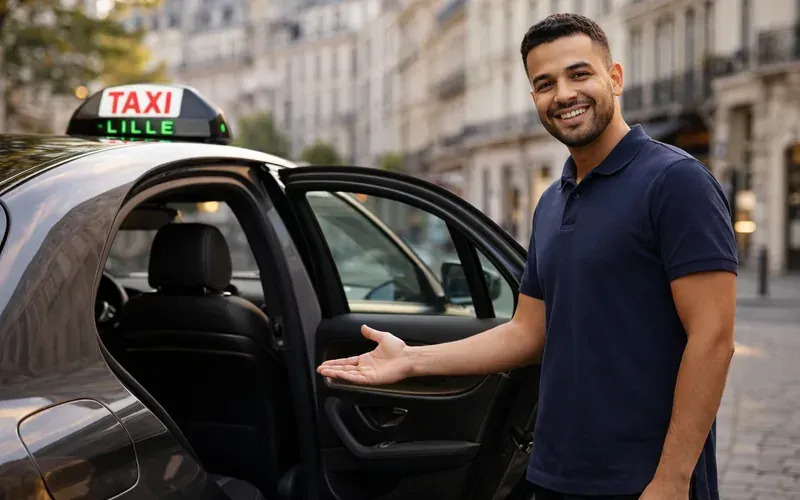Chauffeur VTaxi Lille accueillant un client