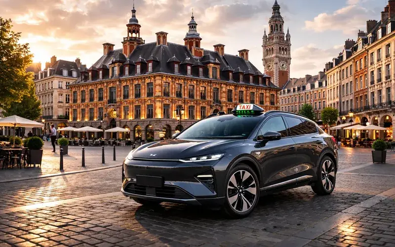 Taxi VTaxi Lille devant le centre-ville de Lille — service de transport urbain