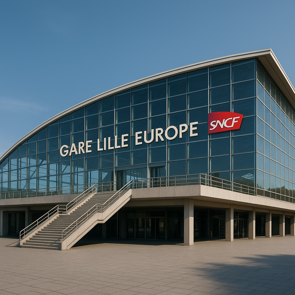 Taxi gare Lille Europe devant la sortie principale avec un véhicule VTAXI LILLE prêt à embarquer les passagers