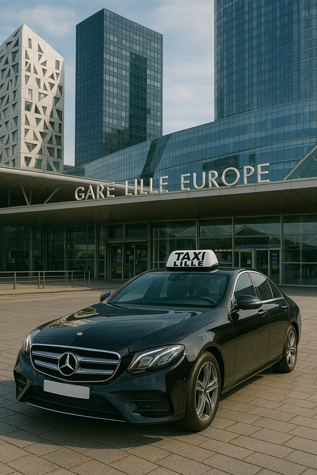 Taxi Mercedes Classe E devant la gare Lille Europe – VTAXI LILLE<br />
